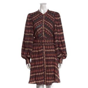 ByTimo Boho Printed Mini Dress Brown-Purple Long Sleeve Pleated Romantic Medium